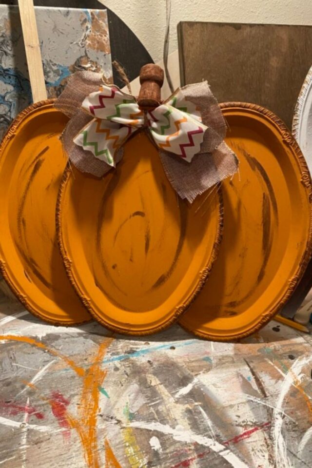 BudgetFriendly Fall Decorating DIY Dollar Tree Silver Platter Pumpkin