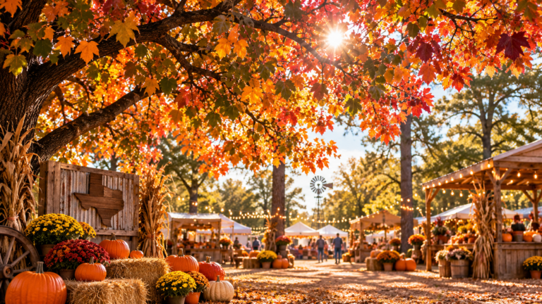 East Texas fall festival with pumpkins, hay bales, colorful fall foliage and vendor booths