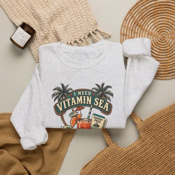 Crewneck Sweatshirt — "Need Vitamin Sea and a Drink Package" Tropical Beach Graphic - Image 8