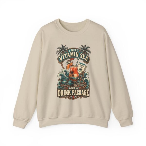 Crewneck Sweatshirt — "Need Vitamin Sea and a Drink Package" Tropical Beach Graphic - Image 13
