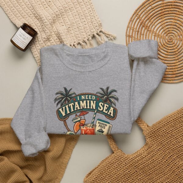Crewneck Sweatshirt — "Need Vitamin Sea and a Drink Package" Tropical Beach Graphic - Image 20
