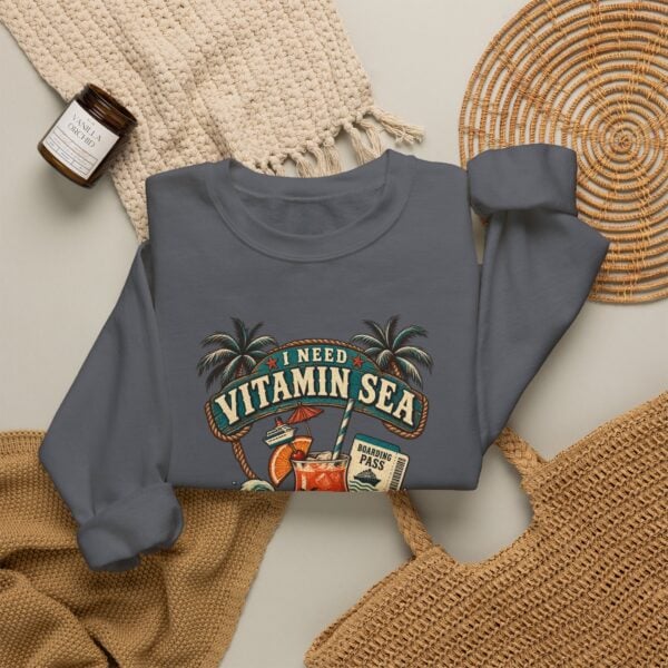 Crewneck Sweatshirt — "Need Vitamin Sea and a Drink Package" Tropical Beach Graphic - Image 36
