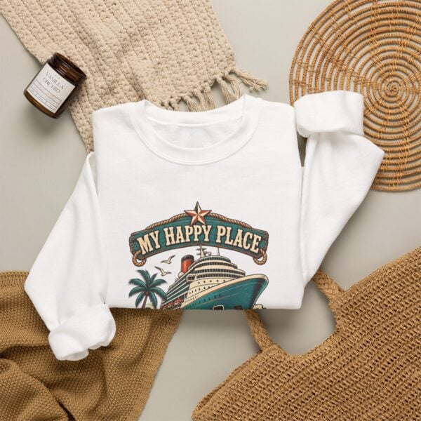 Crewneck Sweatshirt — "My Happy Place Has a Gangway" Cruise Vacation Sweater - Image 4