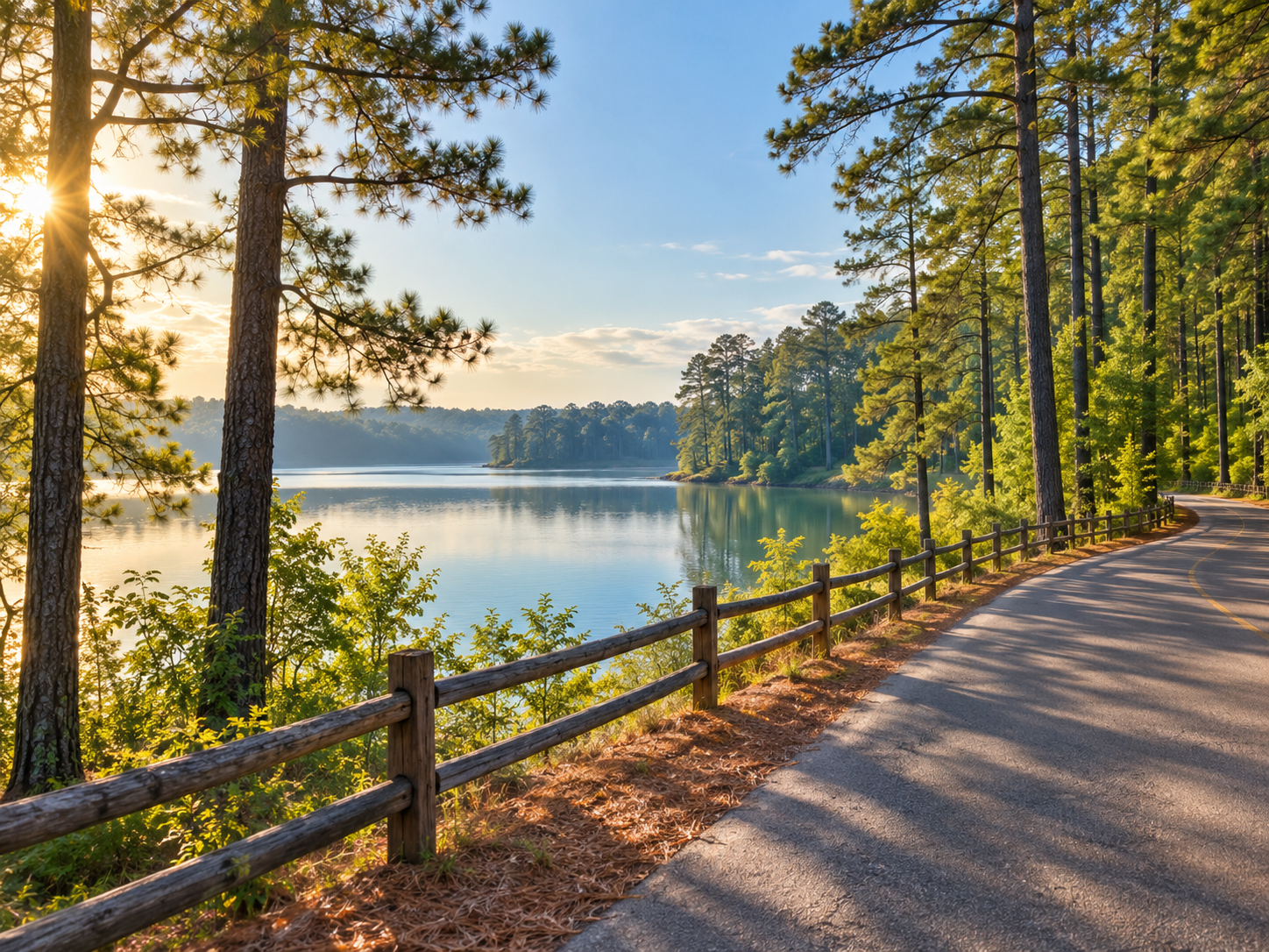 East Texas pine forest and lake scenic getaway