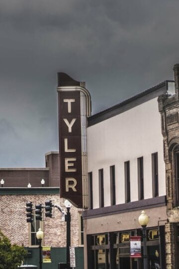 Downtown Tyler Texas with the historic TYLER sign