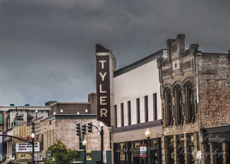 Downtown Tyler Texas with the historic TYLER sign