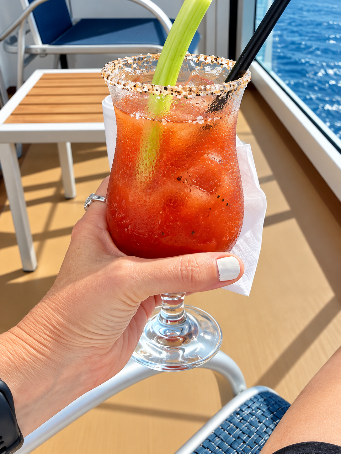 Bloody Mary on a cruise ship balcony