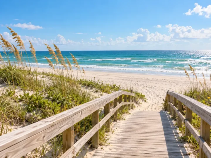 Texas Gulf Coast beach with wooden boardwalk
