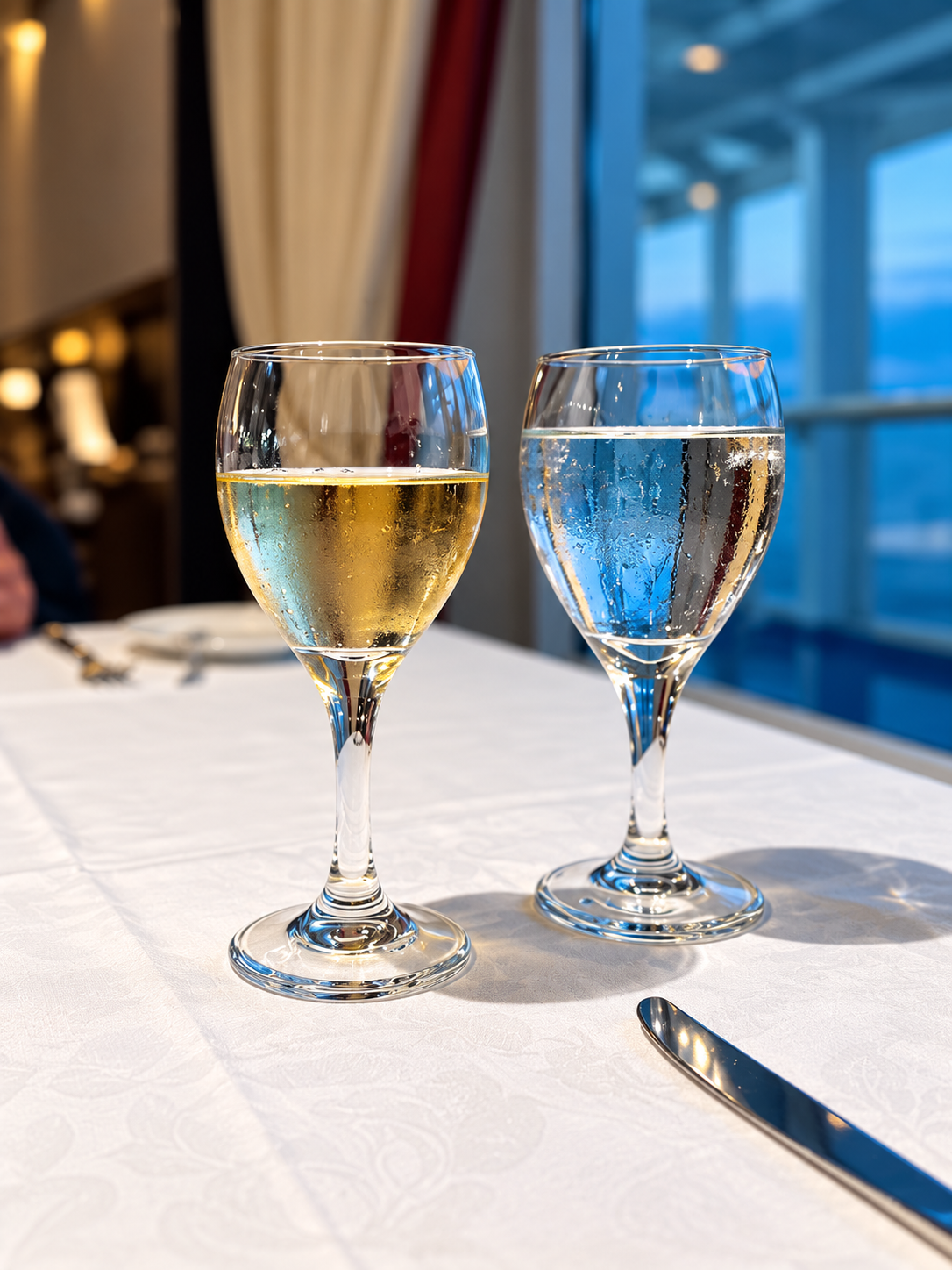 Wine and water at dinner in the cruise ship dining room